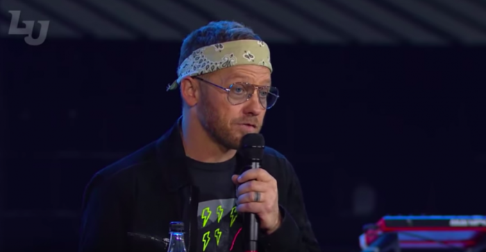 TobyMac speaks at Liberty University's Convocation on October 31, 2018.