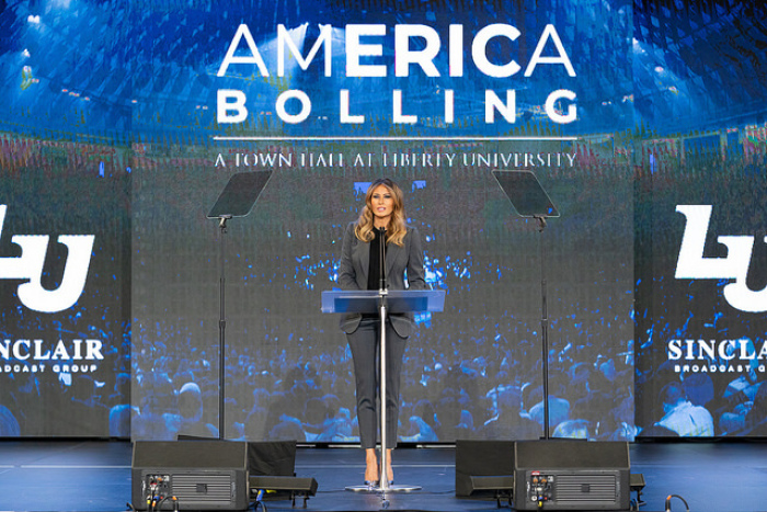 First Lady Melania Trump delivers remarks at an Opioid Town Hall Wednesday, Nov. 28, 2018, at Liberty University in Lynchburg Va.