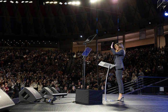 First Lady Melania Trump delivers remarks at an Opioid Town Hall Wednesday, Nov. 28, 2018, at Liberty University in Lynchburg Va. 