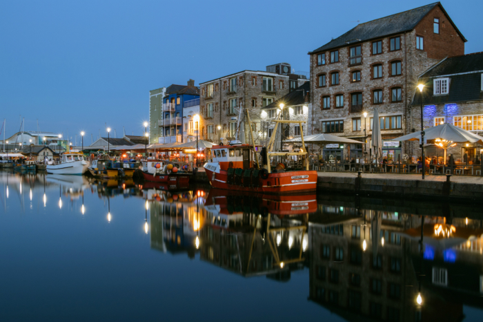 The old harbor of Plymouth, England, where the Pilgrims departed on the Mayflower for the New World in 1620. 