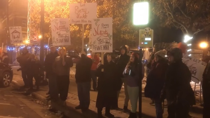 Members of Bethel Baptist Church in Ravenna stand outside the Ravenna Courthouse in freezing weather to show they are behind a movement to reinstate the Nativity display on the Courthouse Lawn in Ohio on Dec. 8, 2018.