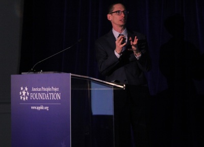 Mark Regnerus, an associate professor of sociology at the University of Texas at Austin, presents data from a post-2018 midterm survey at the American Principles Project Foundation's 'State Lunch' at the Mayflower Hotel in Washington, D.C. on Dec. 11, 2018. 