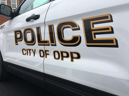 A police vehicle at the City of Opp Police Department in Alabama.