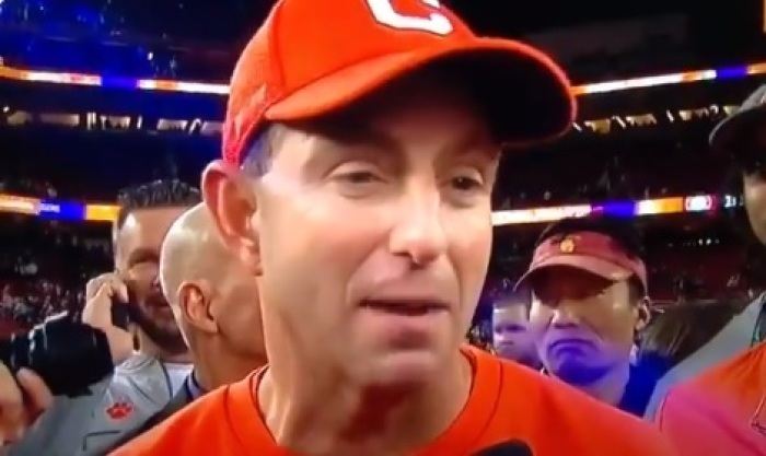 Clemson football coach Dabo Swinney speaks during a post-game interview following the Tigers' 44-16 victory over Alabama in the 2019 College Football Playoff National Championship game in Santa Clara, California. 