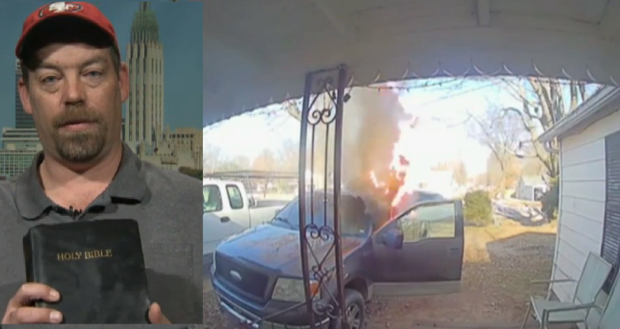 Father of 5, Steven Gaut (L), of Oklahoma, appears with his Bible saved after his truck (R) erupted in flames outside his home shortly before Christmas 2018.