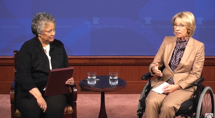 Education Secretary Betsy Devos (R) discusses school choice with Kay Coles James (L), president of The Heritage Foundation, in Washington, D.C., on Wednesday, January 23, 2019.