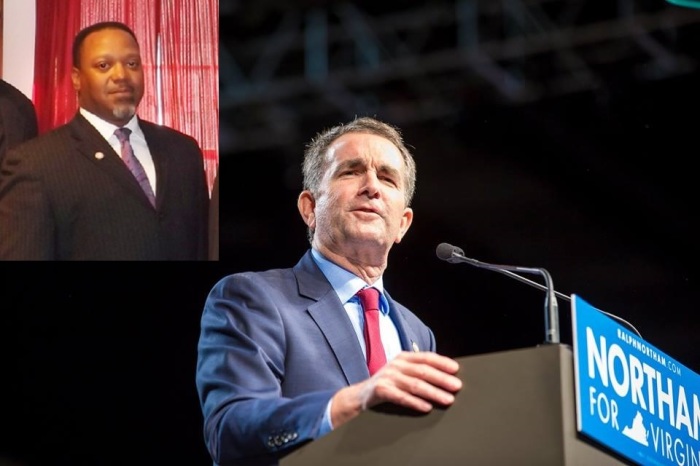 Virginia's Democrat Gov. Ralph Northam and his pastor, The Rev. Kelvin Jones (inset), who leads the First Baptist Church in Capeville, located in Virginia’s Northampton County.