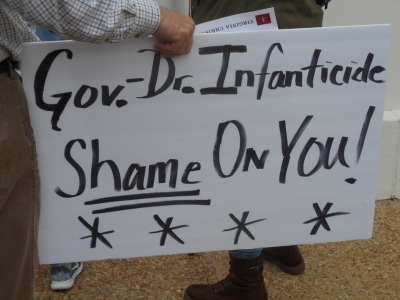 A sign critical of Governor Ralph Northam at a pro-life rally at the Virginia State Capitol in Richmond, Virginia on Thursday, Feb. 7, 2019.