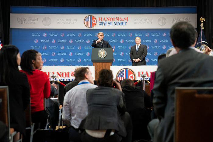 President Donald J. Trump, joined by Secretary of State Mike Pompeo, holds a news conference after his summit with North Korean leader Kim Jong Un at the JW Marriott Hotel Thursday, Feb. 28, 2019, in Hanoi. 