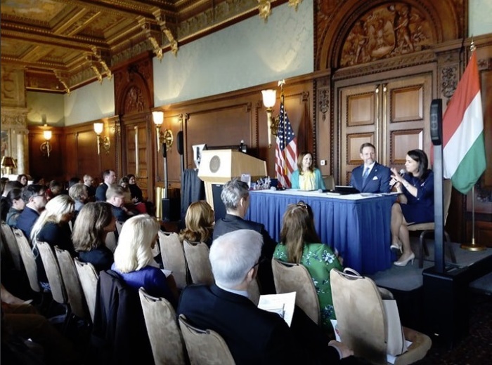 Katalin Novak, Hungary's minister of state for family, youth and international affairs, speaks during a panel session at the 'Making Families Great Again' policy conference hosted by the Hungarian Embassy at the Library of Congress in Washington, D.C. She was joined on the panel by Family Research Council President Tony Perkins (M) and White House special assistant Kathryn Talento (L).