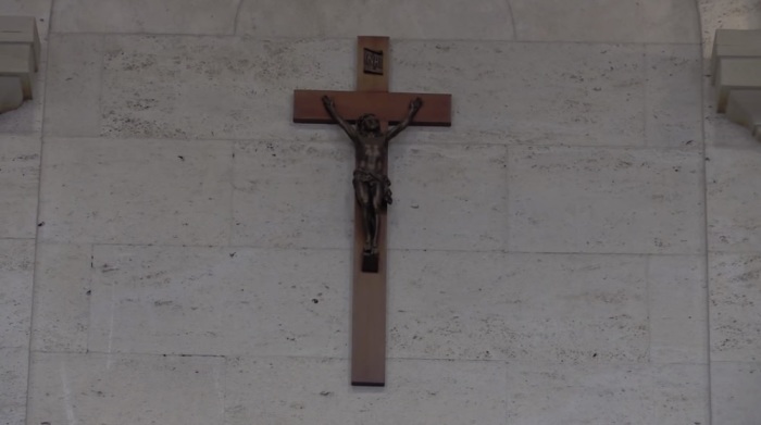 A crucifix is hung on display at the Montreal City Council chambers in Montreal, Quebec.