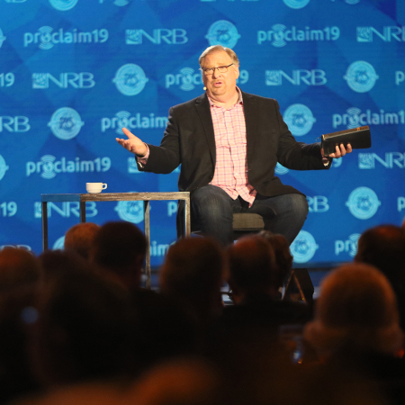 Saddleback Church pastor Rick Warren speaks at the Closing Gala of Proclaim 19, the NRB International Christian Media Convention in Anaheim, California