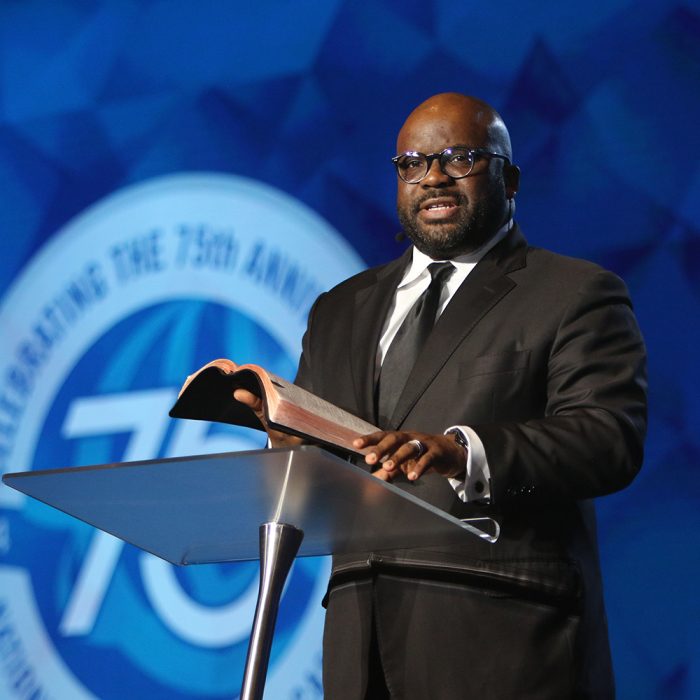 H.B. Charles Jr., pastor of Shiloh Metropolitan Baptist Church in Jacksonville, speaks at Proclaim 19, the National Religious Broadcasters’ International Christian Media Convention.