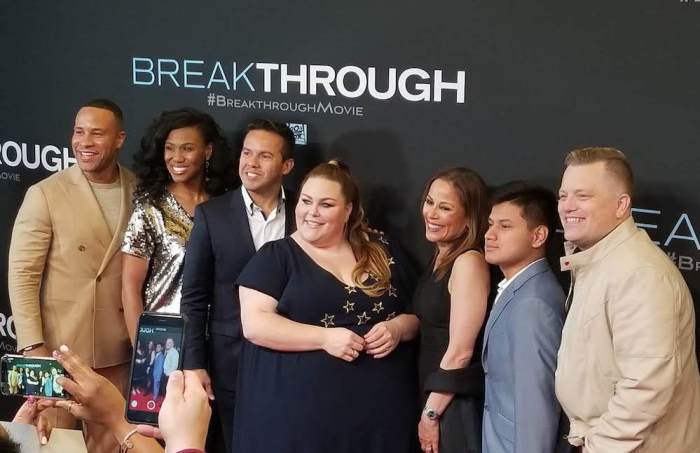 (L to R) Devon Franklin Priscilla Shrier, Samuel Rodriguez, Chrissy Mets, Rosann Dawson, John Smith, Jason Noble, Breakthrough Dallas Premiere, March 2019 