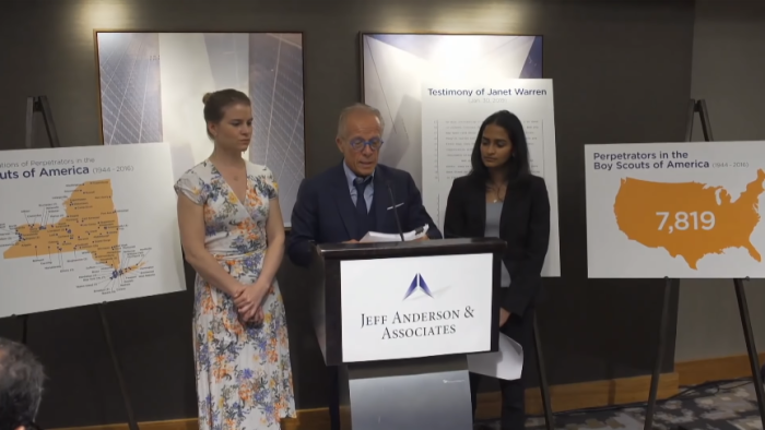 Jeff Anderson (C) widely recognized pioneer in sexual abuse litigation and a champion of survivors of childhood sexual abuse announce that more than 12,000 Boy Scouts were victims of sexual abuse at a press conference in New York City on Tuesday April 23, 2019. At his right is attorney, Trusha Goffe and on his left is a survivor and survivor advocate who co-founded New York Loves Kids.