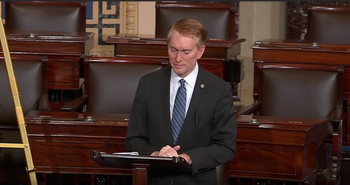 U.S. Senator James Lankford of Oklahoma praying on the Senate floor on Wednesday, May 1, 2019. 