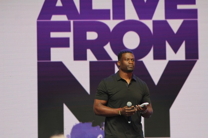 Retired NFL star Benjamin Watson discusses the role men play in reducing the abortion rate at the 'Alive From New York' event hosted by Focus on the Family in Times Square New York City on Saturday May 4, 2019.