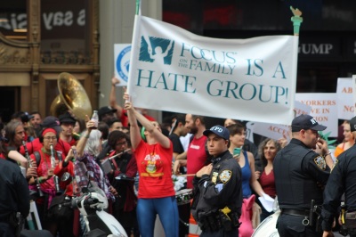 Pro-abortion supporters protest the 'Alive From New York' pro-life event hosted by Focus on the Family under the watchful eyes of the New York Police Department in Times Square New York City on Saturday May 4, 2019.