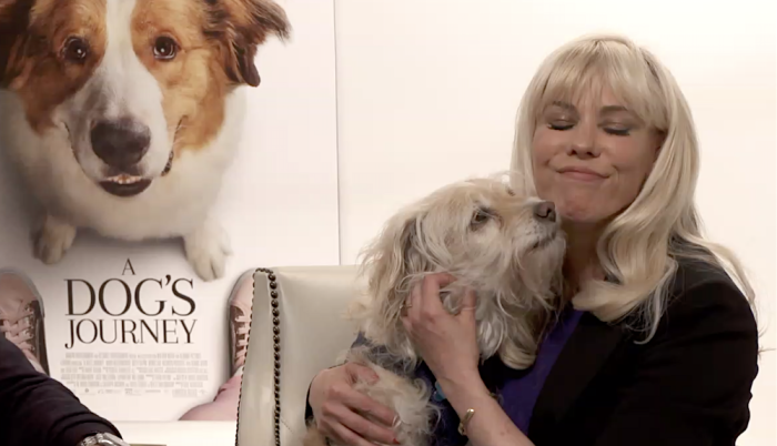 Cathryn Michon, screenwriter of 'A Dog's Journey,' and her dog, Tucker, in Los Angeles, May 4, 2019.