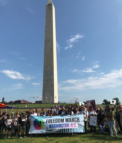 Freedom Marchers conclude their march around Washington, D.C. next to the Washington D.C., May 25, 2019. 