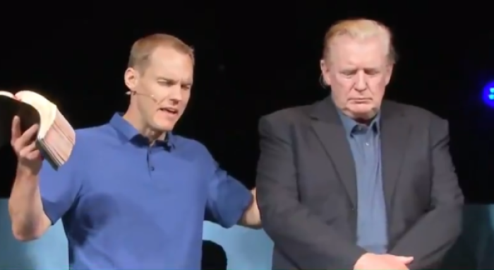 Pastor David Platt prays for President Donald Trump at Mclean Bible Church, Vienna, Virginia, June 2, 2019.