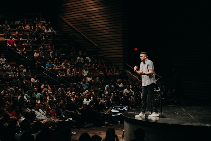 Pastor Jonathan 'J.P.' Pokluda preaches at The Porch, a young adult community founded by Watermark Community Church in Dallas, Texas. 