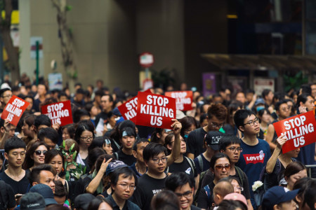 Protesters demonstrate against the now-suspended extradition bill on June 16, 2019 in Hong Kong, China. 