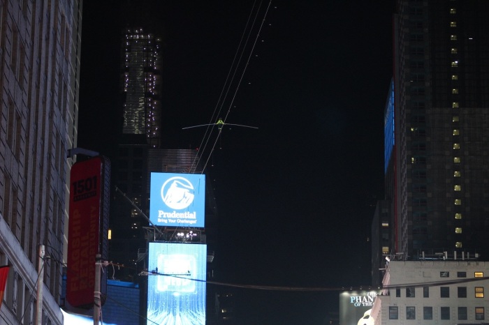 Lijana Wallenda completing her historic tightrope walk in New York City's Times Square on Sunday June 23, 2019.