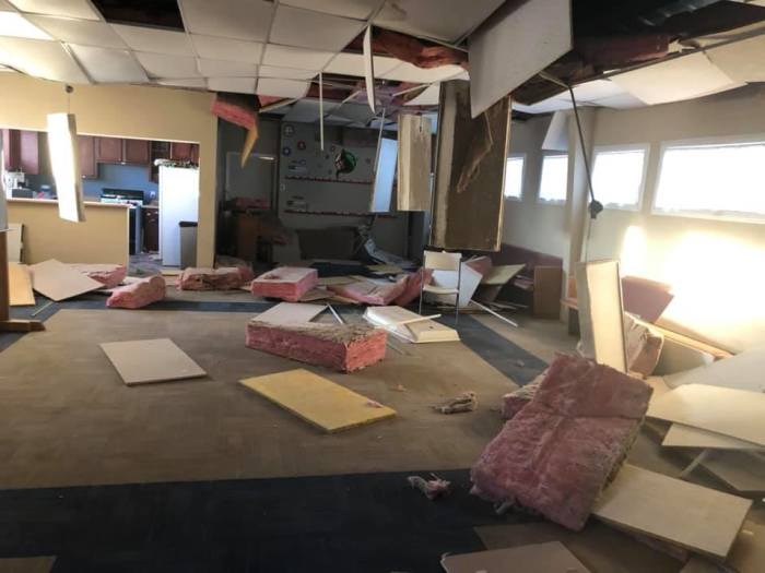 The earthquake-damaged roof of First Baptist Church in Trona, California.