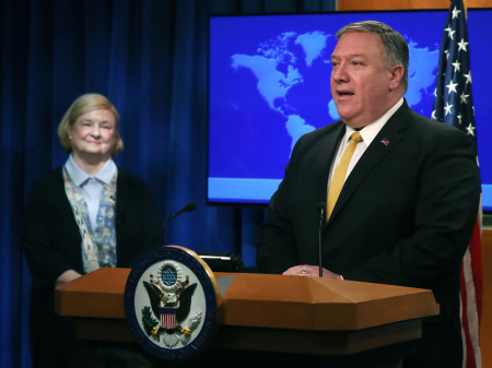 U.S. Secretary of State Mike Pompeo is joined by commission chair Harvard Professor Mary Ann Glendon while announcing the formation of a commission to redefine human rights, based on “natural law and natural rights,” during a news conference at the Department of State, on July 8, 2019, in Washington, D.C. 