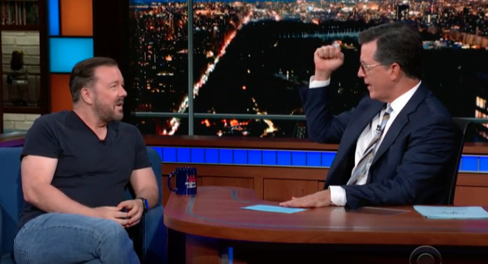 Ricky Gervais on 'The Late Show' with Stephen Colbert, July 2019.