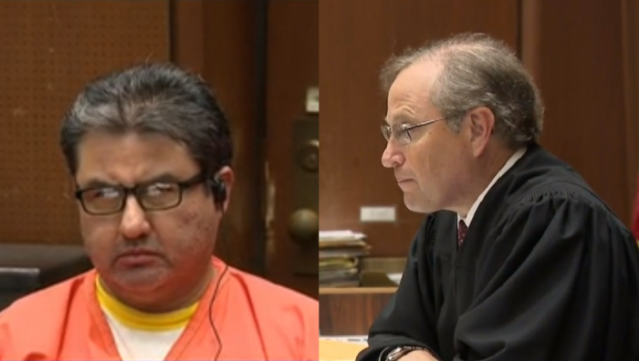 Naasón Joaquín García (L), who heads the global 5 million-member Light of the World (La Luz del Mundo) church and Los Angeles Superior Court Judge David Fields (R) at a bail hearing on July 15, 2019.