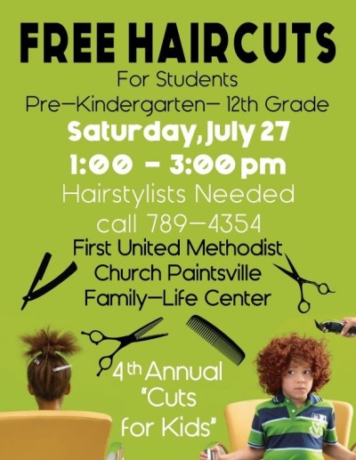 An ad for First United Methodist Church of Paintsville, Kentucky's free haircuts event for kids getting ready for the school year, held July 27, 2019. 