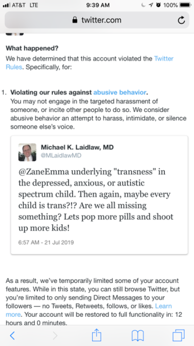 The tweet for which Dr. Michael Laidlaw was locked out of his Twitter account on July 21, 2019. 