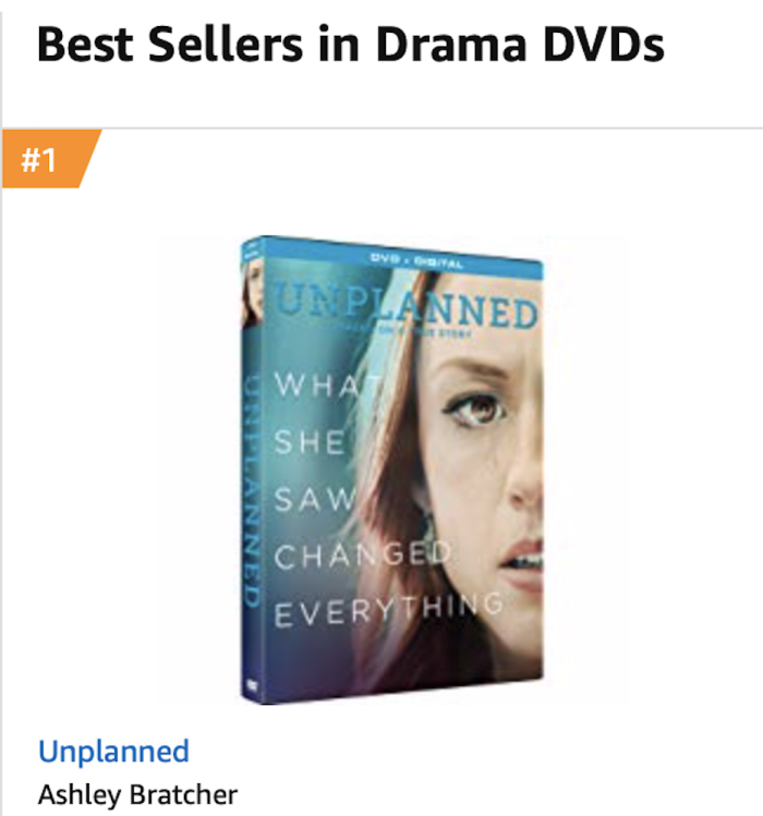 Unplanned DVD ranked No. 1 on Amazon Drama best seller charts, August 2019.