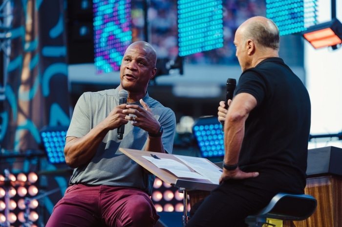 Former MLB all-star Darryl Strawberry talks with evangelist Greg Laurie during the 2019 Southern California Harvest Crusade on Aug. 25, 2019 in Anaheim, California. 