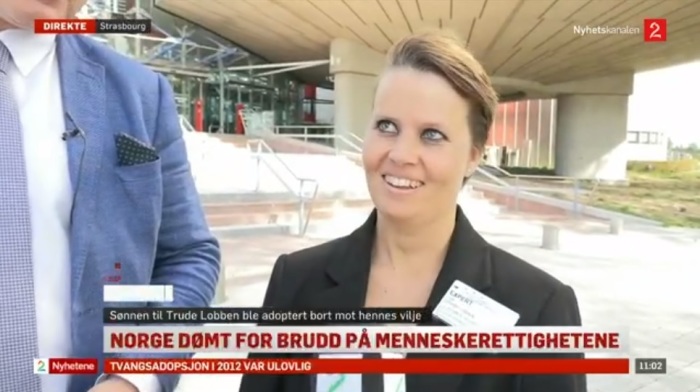 Trude Lobben speaks with the press after earning a victory at the European Court of Human Rights in Strasbourg, France on Sept. 10, 2019. 