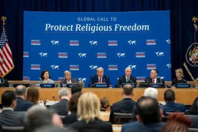 Vice President Mike Pence (third from the right) speaks during an event promoting international religious freedom at the United Nations headquarters in New York City on Sept. 23, 2019. Seated immediately to Pence's right is President Donald Trump. 