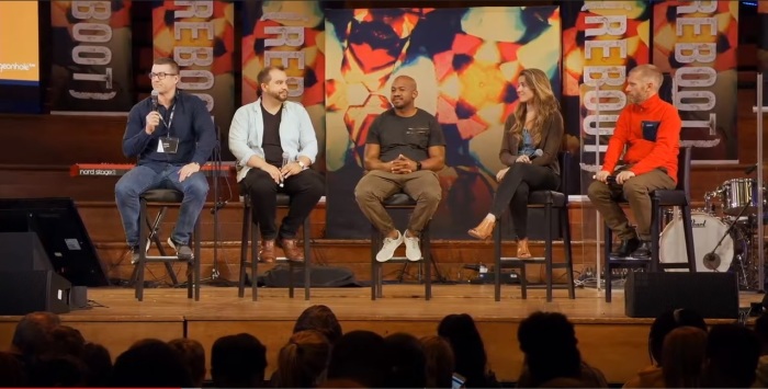 A panel for a question and answer session at the Reboot event held in London, England on Saturday, September 21, 2019. From left to right: ; Simon Edwards, United Kingdom director for Ravi Zacharias International Ministries' Zacharias Trust and assistant chaplain of the Oxford Centre for Christian Apologetics (OCCA); David Bennett, a former gay activist and author of the book War of Loves; Mahlatse Mashua, regional director for RZIM Africa; Madeline Jackson, an apologist with OCCA and Andy Bannister, director of the Solas Centre for Public Christianity. 