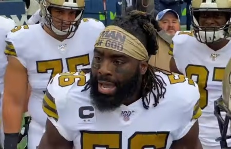 Linebacker Demario Davis pumps his teammates up during a pre-game huddle ahead of a matchup against the Seattle Seahawks on Sept. 22, 2019, in Seattle, Washington. 