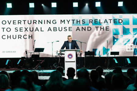 J.D. Greear, former president of the Southern Baptist Convention and pastor The Summit Church in Durham, North Carolina, speaks at the Ethics & Religious Liberty Commission's Caring Well Conference in Grapevine, Texas, on Oct. 3, 2019.