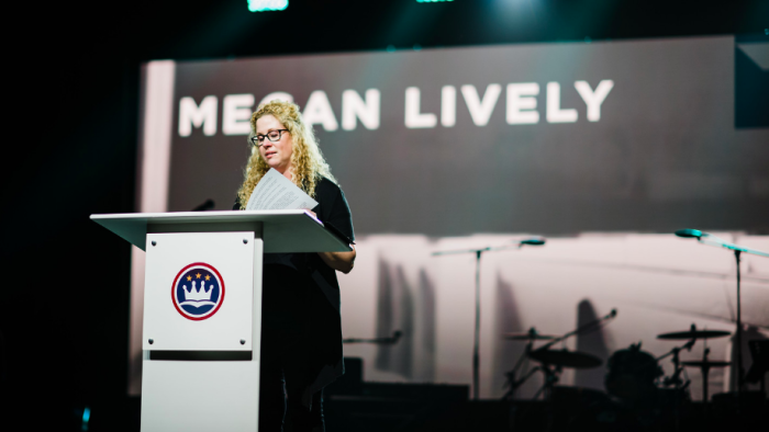 Megan Lively, a social media specialist, speaks at the Caring Well conference.