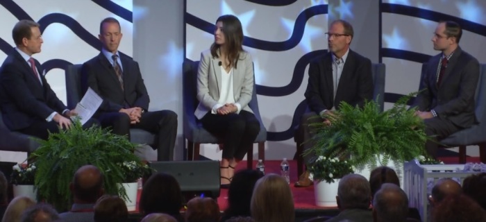 A panel at the annual Values Voters Summit in Washington, D.C., held at the Omni Shoreham Hotel on Friday, Oct. 11, 2019. From left to right: Family Research President Tony Perkins, retired Air Force Colonel Leland Bohannon, Brush & Nib co-owner Joanna Duka, West Michigan Beef Company owner Don Vander Boon, and Alliance Defending Freedom attorney Caleb Dalton. 