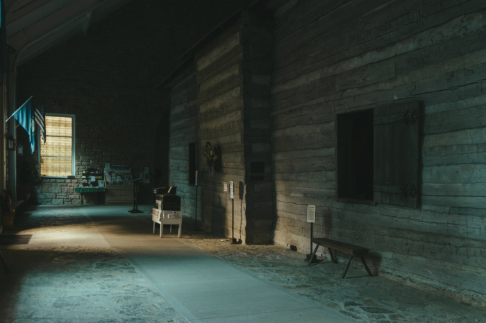 The original late 18th century log cabin-style Cane Ridge Meeting House. 