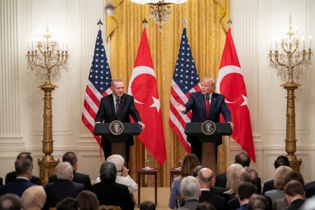 President Donald Trump (R) and Turkey President Tayyip Recep Erdogan (L) participate in a press conference at the White House on Nov. 13, 2019. 