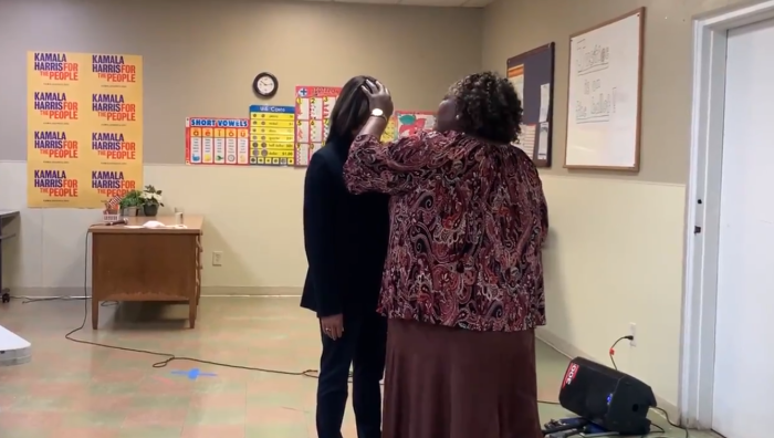 Rev. Telley Lynnette Gadson, senior pastor and spiritual coach at Saint Mark United Methodist Church in Taylors, S.C., prayers for 2020 Democratic presidential candidate Kamala Harris.