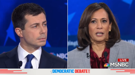 Democratic California Sen. Kamala Harris (R) and Mayor Pete Buttigieg of South Bend, Ind., discuss how the Democratic Party has taken African American voters for granted during the fifth primary debate of the 2020 presidential election on November 20, 2019. 