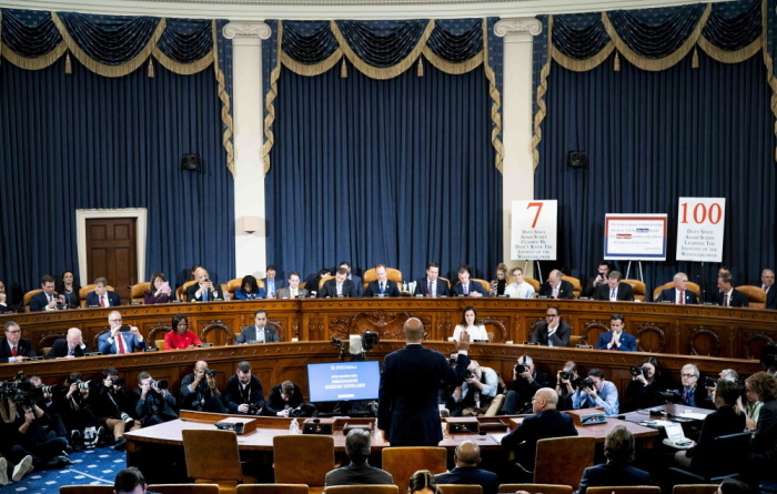 Ambassador Gordon Sondland, U.S. Ambassador to the European Union as he appears before the House Permanent Select Committee on Intelligence on Capitol Hill during the House impeachment inquiry hearings in the Longworth House Office Building on Capitol Hill November 20, 2019 in Washington, DC. 