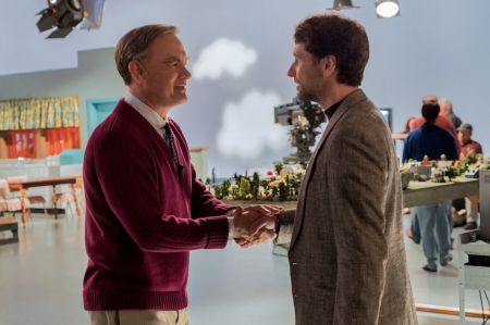 Mister Rogers (Tom Hanks) meets journalist Lloyd Vogel (Matthew Rhys) in TriStar Pictures’ A BEAUTIFUL DAY IN THE NEIGHBORHOOD.