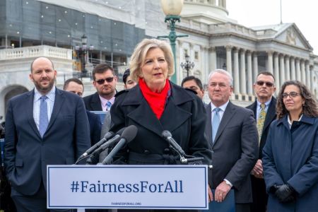 Council for Christian Colleges & Universities President Shirley Hoogstra speaks in support of the Fairness for All Act at a press conference outside the U.S. Capitol Building in Washington, D.C. on Dec. 6, 2019.